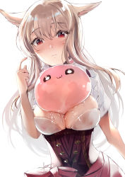 Rule 34 | 1girl, :3, animal ears, blonde hair, blush, breasts, cat ears, cleavage, commentary request, corset, covered erect nipples, creature on chest, crossover, dutch angle, facial mark, final fantasy, final fantasy xiv, hair between eyes, highres, large breasts, long hair, looking down, miqo&#039;te, nanase kokono, open mouth, poring, ragnarok online, red eyes, signature, simple background, slime (creature), warrior of light (ff14), wet, wet clothes, whisker markings, white background