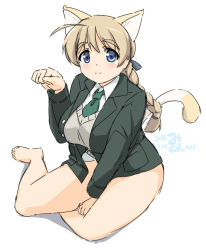 Rule 34 | 1girl, ahoge, animal ears, blonde hair, blue eyes, blush, bottomless, braid, breasts, cat ears, cat tail, collared shirt, eyebrows, jacket, large breasts, looking at viewer, lynette bishop, mikomu, military, military jacket, military uniform, necktie, no legwear, paw pose, plump, shirt, single braid, sitting, smile, solo, strike witches, sweater vest, tail, thick eyebrows, thick thighs, thighs, uniform, world witches series