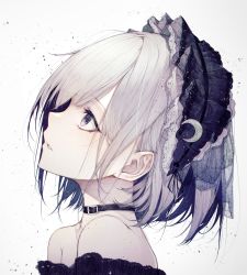 Rule 34 | 1girl, absurdres, bare shoulders, black choker, black eyes, buckle, choker, collar, commentary request, crescent, from side, grey background, hairband, highres, hito komoru, lolita hairband, looking away, looking up, off shoulder, original, pale skin, parted lips, profile, short hair, silver hair, simple background, solo, upper body