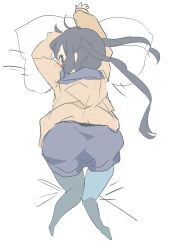 Rule 34 | 1girl, bad id, bad pixiv id, bed, black hair, blush, casual, highres, k-on!, long hair, looking at viewer, looking back, nakano azusa, pantyhose, pillow, solo, sunameri oishii, twintails