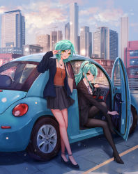 Rule 34 | 2girls, :d, alternate hairstyle, ankle strap, aqua hair, aqua nails, bag, bang dream!, black footwear, black jacket, black pantyhose, black scrunchie, black skirt, blue jacket, braid, building, camisole, car, center frills, closed mouth, collared shirt, commentary, commission, crane (machine), cross, cross necklace, earrings, english commentary, evening, fingernails, frilled shirt, frills, hair ornament, hair scrunchie, hand up, high heels, highres, hikawa hina, hikawa sayo, jacket, jewelry, latin cross, leaning against vehicle, leg up, light particles, long hair, looking at viewer, medium hair, midriff peek, miniskirt, motor vehicle, multiple girls, nail polish, neckerchief, necklace, office lady, open clothes, open jacket, open mouth, opening door, orange camisole, outdoors, pantyhose, pencil skirt, pendant, pink nails, pleated skirt, ponytail, pumps, purple neckerchief, scrunchie, shirt, shoulder bag, siblings, side braids, side slit, sisters, sitting, skirt, skyscraper, sleeves past wrists, smile, standing, steering wheel, swept bangs, twin braids, twins, v, volkswagen beetle, white shirt, yellow eyes, yuzuriha (atelier liang)