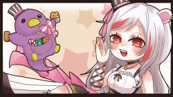 Rule 34 | 1girl, 1other, :d, aoikatze, blush, bow, breasts, bright pupils, brown ribbon, candy, candy cane, choker, cookie, ear piercing, food, hand up, hat, hedgehog ears, hedgehog girl, holding, holding food, indie virtual youtuber, jewelry, long hair, looking at viewer, medium breasts, mini hat, mini top hat, mochizuki toki, muffin, multicolored hair, necklace, open mouth, piercing, pink bow, red eyes, red hair, ribbon, simple background, sleeveless, smile, star (symbol), streaked hair, teeth, tongue, top hat, upper teeth only, white hair, white pupils