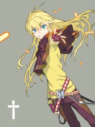 Rule 34 | 1girl, ahoge, belt, blonde hair, blue eyes, brown capelet, brown pants, capelet, closed mouth, cross, dutch angle, fingerless gloves, floating hair, gloves, grey background, haimura kiyotaka, highres, latin cross, looking at viewer, multiple belts, pants, red gloves, shirt, simple background, smile, solo, standing, thor (toaru majutsu no index), toaru majutsu no index, toaru majutsu no index: new testament, yellow shirt