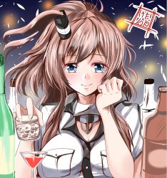 Rule 34 | 1girl, artist logo, blue eyes, bottle, breast pocket, breasts, brown hair, commentary request, cup, dress, drinking glass, glass, highres, kantai collection, kentan (kingtaiki), large breasts, long hair, looking at viewer, one-hour drawing challenge, pocket, ponytail, saratoga (kancolle), side ponytail, smile, smokestack, smokestack hair ornament, solo, upper body, white dress, wine glass