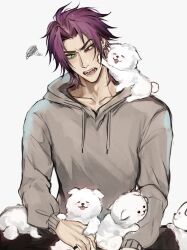 Rule 34 | 1boy, alternate costume, blush, colored sclera, dog, earrings, fangs, green eyes, heartsteel kayn, heterochromia, highres, jewelry, kayn (league of legends), league of legends, long sleeves, male focus, official alternate hairstyle, open mouth, parted bangs, puppy, purple hair, red sclera, short hair, simple background, sitting, solo, teeth, white background, white eyes, zyrophin