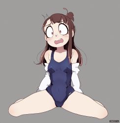 Rule 34 | 1girl, artist name, bad id, bad pixiv id, breasts, brown hair, full body, grey background, highres, jacket, jacket partially removed, kagari atsuko, little witch academia, long hair, m legs, medium breasts, on floor, once 11h, open mouth, red eyes, school swimsuit, simple background, sitting, solo, spread legs, swimsuit, teeth, upper teeth only, white jacket