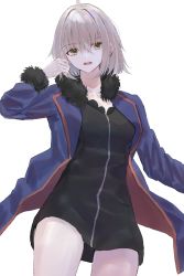 Rule 34 | 1girl, ahoge, black dress, blue jacket, collarbone, dress, fate/grand order, fate (series), fur-trimmed jacket, fur trim, hair between eyes, hand in own hair, highres, jacket, jeanne d&#039;arc (fate), jeanne d&#039;arc alter (fate), jeanne d&#039;arc alter (ver. shinjuku 1999) (fate), kei201107, looking at viewer, official alternate costume, open mouth, short dress, silver hair, simple background, solo, white background, yellow eyes