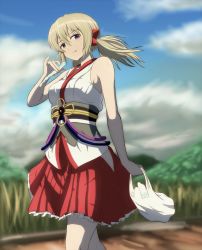 Rule 34 | 10s, 1girl, :p, bad id, bad pixiv id, bag, bare arms, bare shoulders, blonde hair, blue sky, blurry, bow, breasts, cloud, cloudy sky, cowboy shot, day, depth of field, furiruno, hair between eyes, hair bow, hakama, hakama short skirt, hakama skirt, highres, japanese clothes, kafuru (senran kagura), long hair, looking at viewer, low twintails, medium breasts, nontraditional miko, obi, outdoors, plastic bag, purple eyes, red bow, sash, senran kagura, senran kagura estival versus, skirt, sky, smile, solo, standing, sunlight, tongue, tongue out, tupet, twintails