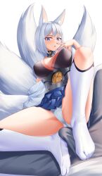 Rule 34 | 1boy, 1girl, absurdres, animal ears, azur lane, blue eyes, blue nails, blue skirt, blunt bangs, breasts, bulge, erection, erection under clothes, feet, footjob, footjob over clothes, foreshortening, fox ears, fox tail, grey pants, hand up, hetero, highres, jewelry, kaga (azur lane), knee up, kneehighs, large breasts, legs, looking at viewer, maozi dan, medium hair, microskirt, multiple tails, no shoes, off shoulder, open mouth, out of frame, panties, pants, ring, sidelocks, simple background, skirt, socks, soles, solo, swept bangs, tabi, tail, thighs, toes, two-footed footjob, underwear, v, white panties, white socks