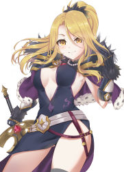 Rule 34 | 1girl, akahaneko, armor, belt, black dress, blonde hair, breasts, capelet, christina (princess connect!), cleavage, cleavage cutout, clothing cutout, dress, eyebrows hidden by hair, feathers, fur-trimmed capelet, fur trim, gloves, hair between eyes, hair ornament, hand on hilt, highres, jewelry, long hair, necklace, pearl necklace, plunging neckline, princess connect!, short dress, shoulder armor, simple background, sleeveless, smile, solo, sword, weapon, white background, yellow eyes