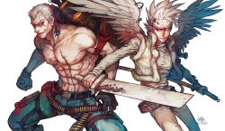 Rule 34 | 2boys, abs, artist request, bryan fury, character request, check artist, dual wielding, feathered wings, feet out of frame, gloves, holding, holding sword, holding weapon, large pectorals, legs apart, looking to the side, male focus, mature male, multiple boys, muscular, muscular male, navel, nipples, pectorals, short hair, sideburns, skinny, smirk, standing, sword, tekken, topless male, weapon, weapon request, white hair, wings, yi lee