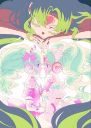 Rule 34 | 3girls, bad id, bad twitter id, blue eyes, bow, closed eyes, closed mouth, colored eyelashes, dress, eye contact, face-to-face, facing viewer, falulu, falulu (awakened), forehead jewel, frilled dress, frills, from side, gloves, green hair, hair bow, headphones, highres, holding hands, idol clothes, long hair, looking at another, multiple girls, multiple persona, parted bangs, pink bow, pretty series, pripara, profile, puffy short sleeves, puffy sleeves, short sleeves, sidelocks, smile, tiara, twintails, very long hair, white dress, white gloves, wing hair ornament, zashima