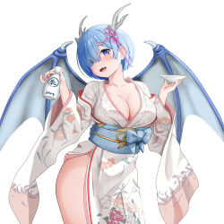 Rule 34 | 1girl, 2024, absurdres, alternate costume, blue eyes, blue hair, bottle, breasts, chinese zodiac, cleavage, commentary request, commission, cup, dragon girl, dragon horns, dragon wings, female focus, gibun (sozoshu), highres, holding, holding bottle, holding cup, horns, japanese clothes, kimono, large breasts, looking at viewer, matching hair/eyes, obi, pixiv commission, re:zero kara hajimeru isekai seikatsu, rem (re:zero), sash, simple background, solo, white background, white kimono, wings, year of the dragon