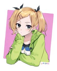 Rule 34 | 10s, 1girl, :&lt;, black eyes, blonde hair, blush, cardigan, copyright name, framed, hair ornament, hairclip, hand on own cheek, hand on own face, head rest, highres, looking at viewer, mole, mole under eye, pink background, shirobako, short hair, simple background, sleeves past wrists, solo, swept bangs, takeuchi aya, twintails, upper body, white background, yano erika