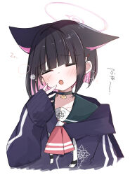 Rule 34 | 1girl, :o, animal ears, arm at side, black hair, black jacket, blue archive, blush, cat ears, cat girl, closed eyes, cropped torso, facing viewer, futagoma, green sailor collar, halo, hand up, head tilt, highres, hood, hood down, hooded jacket, jacket, kazusa (blue archive), long bangs, medium hair, neckerchief, open mouth, pink hair, pink neckerchief, sailor collar, sidelocks, simple background, sleeves past wrists, solo, striped clothes, striped jacket, white background, yawning