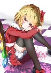 Rule 34 | 1girl, absurdres, adapted costume, ambiguous red liquid, black bow, black footwear, black thighhighs, blonde hair, bloomers, blush, bow, checkered floor, closed mouth, crystal, flandre scarlet, footwear bow, frills, garaudon, hair ribbon, head rest, head tilt, highres, knees up, long sleeves, looking at viewer, miniskirt, one side up, red bow, red eyes, red ribbon, red shirt, red skirt, ribbon, ringed eyes, sash, shirt, shoes, sitting, skirt, skirt set, solo, thighhighs, touhou, underwear, white background, wings