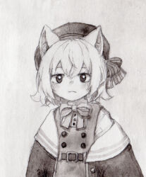 Rule 34 | 1girl, :&lt;, animal ears, belt, beret, blush, bone 71, bow, buttons, cat ears, cat girl, coefont, commentary request, crossed bangs, dress, expressionless, greyscale, hair bow, hat, highres, jacket, jacket partially removed, looking at viewer, meme, monochrome, neck ribbon, neta, open clothes, open jacket, painting (medium), parody, photo-referenced, pinafore dress, ribbon, sayo (voicevox), shirt, short hair, simple background, sleeveless, sleeveless dress, solo, traditional media, upper body, voicevox, watercolor (medium), yosano akiko (real life)