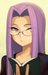 Rule 34 | 1girl, black shirt, boa (brianoa), book, collarbone, commentary, english commentary, fate/stay night, fate (series), glasses, hair intakes, highres, holding, holding book, long hair, medusa (fate), medusa (rider) (fate), portrait, purple eyes, purple hair, shirt, solo