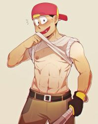 Rule 34 | 10s, 1boy, ^^^, backwards hat, baseball bat, baseball cap, black gloves, black hair, chromatic aberration, clothes lift, cowboy shot, gloves, hat, heart, heart in mouth, highres, looking at viewer, male focus, matsuno jyushimatsu, muscular, nipples, nyaph, osomatsu-kun, osomatsu-san, osomatsu (series), shirt lift, simple background, single glove, sleeves rolled up, smile, solo, sweat, tan, tan background, tanline