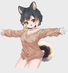 Rule 34 | 1girl, :3, :d, animal ears, black hair, blonde hair, breasts, brown shirt, collarbone, cowboy shot, dog ears, dog girl, dog tail, dress shirt, earrings, fang, gradient hair, grey background, jewelry, long sleeves, looking at viewer, medium breasts, multicolored hair, no pants, nyifu, off shoulder, open mouth, original, outstretched arms, shirt, short hair, simple background, single bare shoulder, sleeves past wrists, smile, solo, spread arms, tail, twitter username