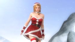 Rule 34 | 1girl, 3d, bell, blonde hair, blue eyes, breasts, collar, dead or alive, dead or alive 5, dress, female focus, gradient background, hat, highres, large breasts, neck bell, official art, official wallpaper, outdoors, santa costume, santa hat, sky, solo, tecmo, tina armstrong, wallpaper, white background