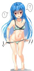 Rule 34 | 1girl, ?, barefoot, blue hair, blush, bra, breasts, collarbone, empty eyes, frown, full body, green bra, green panties, groin, hinanawi tenshi, hypnosis, legs, long hair, looking at viewer, medium breasts, mind control, navel, no headwear, open mouth, panties, panty pull, pulled by self, red eyes, shadow, simple background, solo, spoken question mark, standing, suzunooto shirasu, sweatdrop, touhou, underwear, white background