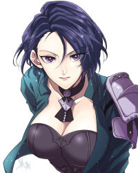 Rule 34 | 1girl, armor, black choker, blue hair, blue jacket, breasts, choker, cleavage, commentary request, fire emblem, fire emblem: three houses, hair between eyes, jacket, kuroyu66, large breasts, looking at viewer, nintendo, open clothes, open jacket, purple eyes, shamir nevrand, short hair, shoulder armor, simple background, solo, upper body, white background