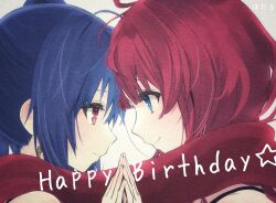 Rule 34 | 2girls, artist name, assault lily, bare shoulders, blue eyes, blue hair, blunt bangs, closed mouth, commentary, cross, cross earrings, earrings, eye contact, face-to-face, from side, gradient background, grey background, hair between eyes, hand up, happy birthday, high ponytail, highres, holding hands, hotaru (ultraroly poly), ishikawa aoi, jewelry, kaede johan nouvel, light blush, long hair, looking at another, multiple girls, pink eyes, portrait, profile, red hair, red scarf, scarf, shared clothes, shared scarf, shirt, side ponytail, sleeveless, sleeveless shirt, smile, steepled fingers, white background, white shirt, yuri