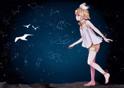 Rule 34 | 1girl, alternate costume, anklet, bad id, bad pixiv id, barefoot, bird, blonde hair, blue eyes, female focus, hair ornament, hair ribbon, hatsuko, jewelry, kagamine rin, night, night sky, outdoors, ribbon, sky, solo, star (sky), twintails, vocaloid