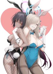 Rule 34 | 2girls, absurdres, animal ears, ass, asuna (blue archive), asuna (bunny) (blue archive), back-to-back, bare shoulders, black hair, black leotard, blue archive, blue eyes, blue leotard, blush, bow, bowtie, breasts, brown legwear, cleavage, dark-skinned female, dark skin, detached collar, elbow gloves, fake animal ears, fishnet legwear, fishnets, gloves, grin, hair over one eye, halo, heart, highleg, highleg leotard, highres, holding hands, interlocked fingers, karin (blue archive), karin (bunny) (blue archive), large breasts, leotard, light brown hair, long hair, looking at viewer, mole, mole on breast, multiple girls, number tattoo, pantyhose, playboy bunny, ponytail, rabbit ears, rabbit tail, shoulder tattoo, sidelocks, smile, tail, tattoo, thighs, traditional bowtie, white gloves, yellow eyes, yyano4691