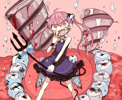 Rule 34 | 1girl, :d, ahoge, black dress, black wristband, blood, blood on hands, blood on teeth, bloody weapon, blue bow, blush stickers, bow, cavity, commentary request, crazy eyes, dress, drill, fangs, feet out of frame, frilled dress, frills, hair between eyes, hand up, holding, holding weapon, jaw, legs apart, long hair, looking at viewer, mini person, minigirl, open mouth, original, personification, pink background, pink eyes, pink hair, polearm, sleeveless, sleeveless dress, smile, solo, standing, teeth, terada tera, tongue, tooth hair ornament, trident, twintails, v, v-shaped eyebrows, weapon, wristband