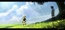 Rule 34 | 2boys, ag+ (atelieriji), blonde hair, blue sky, boots, day, fairy, field, grass, highres, letterboxed, link, majora (entity), mask, multiple boys, nintendo, outdoors, pointy ears, scenery, shade, sky, spoilers, tatl, the legend of zelda, the legend of zelda: majora&#039;s mask, tree, walking, young link
