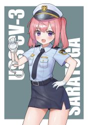 Rule 34 | 1girl, absurdres, ahoge, alternate costume, azur lane, belt, black necktie, blue shirt, blue skirt, blush, border, breast pocket, breasts, character name, collared shirt, commentary request, cowboy shot, cuffs, gloves, green background, hand on own hip, handcuffs, hat, highres, holding, holding handcuffs, long hair, miniskirt, necktie, open mouth, pencil skirt, pink hair, pocari (sq551), pocket, police, police badge, police hat, police uniform, policewoman, purple eyes, saratoga (azur lane), shirt, short sleeves, skirt, small breasts, solo, twintails, uniform, white border, white gloves, white hat