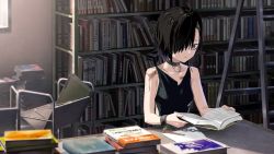 Rule 34 | 1girl, ahoge, black hair, black shirt, blurry, blurry foreground, bookshelf, breasts, chisato (hentai prison), collar, collarbone, cuffs, game cg, grey eyes, hair over one eye, handcuffs, hentai prison, ichitora, indoors, parted lips, reading, scar, shirt, short hair, sitting, sleeveless, sleeveless shirt, small breasts, solo, upper body