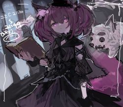 Rule 34 | 1girl, absurdres, arknights, black dress, book, closed mouth, commentary request, dress, hair between eyes, highres, holding, holding book, looking at viewer, open book, osakanadream, puffy short sleeves, puffy sleeves, purple eyes, purple hair, shamare (arknights), short sleeves, sketch, solo, stuffed animal, stuffed dog, stuffed toy, twintails