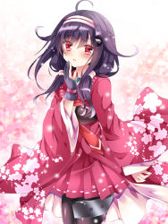 Rule 34 | 10s, 1girl, :d, ahoge, black pantyhose, cowboy shot, gloves, hair flaps, headband, japanese clothes, kantai collection, kimono, looking at viewer, low twintails, magatama, nogi takayoshi, open mouth, pantyhose, partially fingerless gloves, purple hair, red eyes, ryuuhou (kancolle), smile, solo, standing, taigei (kancolle), thigh strap, twintails
