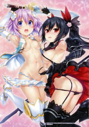 Rule 34 | 2girls, absurdres, armor, arms up, ass, bare shoulders, black gloves, black hair, black legwear, black panties, blush, breasts, butt crack, convenient censoring, d-pad, d-pad hair ornament, elbow gloves, embarrassed, fantasy, fingerless gloves, flower, four goddesses online: cyber dimension neptune, frilled skirt, frills, garter belt, garter straps, gloves, hair flower, hair ornament, high heels, highres, hisasi, holding, holding sword, holding weapon, long hair, looking at viewer, medium breasts, multiple girls, navel, neptune (neptunia), neptune (series), noire (neptunia), open clothes, open mouth, open shirt, open vest, panties, panty pull, pauldrons, purple hair, red eyes, scan, shirt, short hair, shoulder armor, skindentation, skirt, sword, teeth, thighhighs, underwear, vambraces, vest, wardrobe malfunction, weapon, white gloves, white panties