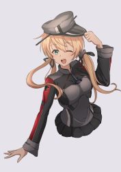 Rule 34 | 1girl, absurdres, anchor hair ornament, aqua eyes, black skirt, blonde hair, commentary request, cropped torso, cross, gloves, hair ornament, hat, highres, iron cross, kantai collection, long hair, low twintails, microskirt, military, military uniform, nishizuki shino, one eye closed, peaked cap, pleated skirt, prinz eugen (kancolle), skirt, smile, solo, twintails, uniform, upper body, white gloves