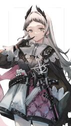 Rule 34 | 1girl, absurdres, ammunition belt, arknights, black gloves, black jacket, capelet, earrings, ema (kuguiema), finger to mouth, gloves, grey eyes, grey hair, gun, handgun, head wings, highres, holstered, irene (arknights), jacket, jewelry, layered skirt, long hair, long sleeves, looking at viewer, pantyhose, puffy long sleeves, puffy sleeves, purple skirt, rapier, scar, scar across eye, simple background, skirt, solo, sword, weapon, white background, white capelet, white pantyhose, white skirt, wings
