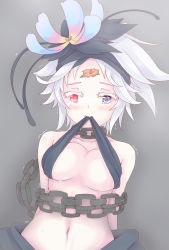 Rule 34 | 10s, blue eyes, breasts, chain, clothes in mouth, clothes lift, dunceneygak, flower, heterochromia, mouth hold, red eyes, rokka no yuusha, shirt in mouth, shirt lift, white hair