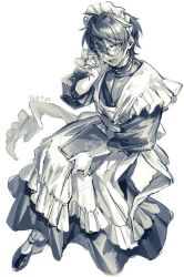 Rule 34 | 1boy, adjusting eyewear, alternate costume, apron, circus66, commentary request, dated, ensemble stars!, full body, glasses, greyscale, hair between eyes, kagehira mika, long sleeves, looking at viewer, maid, maid apron, maid headdress, male focus, monochrome, open mouth, round eyewear, short hair, simple background, solo, white background