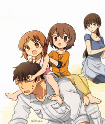 Rule 34 | 10s, 1boy, 3girls, aged down, alternate hairstyle, apron, barefoot, blue pants, blue shirt, blue shorts, blunt bangs, brown pants, carrying, covering own eyes, denim, denim shorts, family, father and daughter, girls und panzer, hands on another&#039;s shoulders, husband and wife, jumpsuit, long hair, looking at viewer, mother and daughter, multiple girls, multiple riders, nishizumi maho, nishizumi miho, nishizumi shiho, nishizumi tsuneo, open mouth, orange shirt, pants, parted lips, piggyback, ponytail, r-king, riding, seiza, shirt, shorts, siblings, sisters, sitting, sweatdrop, tank top, twitter username, waist apron, white jumpsuit