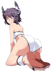 Rule 34 | 10s, 1girl, all fours, anklet, ass, bikini, eyepatch, from behind, full body, grin, headgear, jewelry, kantai collection, looking back, orange eyes, purple hair, sandals, shiny skin, short hair, simple background, smile, solo, swimsuit, tabigarasu, tenryuu (kancolle), white background, white bikini