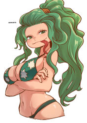 Rule 34 | 1girl, amazon warrior, aosora2823, artist name, bikini, blush, boa sandersonia, breasts, commentary, cropped torso, crossed arms, curvy, forked tongue, green bikini, green eyes, green hair, highres, long hair, long tongue, looking at viewer, one piece, ponytail, shiny skin, sidelocks, simple background, smile, solo, swimsuit, thong, tongue, very long hair, wavy hair, white background, wide hips