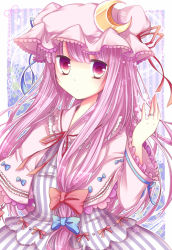 Rule 34 | 1girl, bad id, bad pixiv id, bow, crescent, embellished costume, female focus, hat, jewelry, long hair, patchouli knowledge, purple eyes, purple hair, ribbon, ring, sanotsuki, solo, striped, touhou, upper body