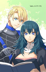 Rule 34 | 11mtri, armor, black dress, blonde hair, blue eyes, blue hair, book, breasts, byleth (female) (fire emblem), byleth (fire emblem), cape, cleavage, collar, dimitri alexandre blaiddyd, dress, fire emblem, fire emblem: three houses, gauntlets, green background, grey cape, hair between eyes, high collar, holding, holding book, medium breasts, medium hair, nintendo, parted bangs, pointing, short hair, short sleeves, suspenders, tree, upper body, white collar