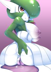 Rule 34 | 1girl, absurdres, anus, ashraely, ass, ass grab, bob cut, breasts, closed mouth, colored skin, creatures (company), female focus, from behind, game freak, gardevoir, gen 3 pokemon, grabbing own ass, gradient background, green hair, green skin, highres, large areolae, large breasts, looking back, multicolored skin, nintendo, nipples, pokemon, pokemon (creature), presenting, purple background, pussy, pussy juice, red eyes, shiny skin, short hair, simple background, sitting, solo, spread ass, two-tone skin, uncensored, white skin