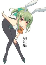 Rule 34 | 1girl, animal ears, aqua background, artist name, ascot, black hair, black pantyhose, blush, bow, breasts, brown eyes, covered navel, cowboy shot, dated, framed breasts, full body, green bow, green footwear, green hair, green leotard, hair bow, high heels, highres, kantai collection, leotard, looking at viewer, owa (ishtail), pantyhose, ponytail, small breasts, smile, solo, white background, yuubari (kancolle)