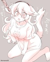 Rule 34 | 1girl, alternate costume, animal ears, barefoot, cat ears, cat girl, cat tail, corrin (female) (fire emblem), corrin (fire emblem), covered erect nipples, eromame, feet, fire emblem, fire emblem fates, fire emblem if, grey background, hairband, heart, heart-shaped pupils, monochrome, nintendo, open mouth, short sleeves, simple background, sitting, solo, symbol-shaped pupils, tail, toes, twitter username