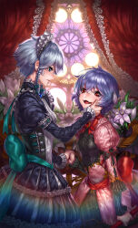 Rule 34 | 2girls, adapted costume, aqua bow, back bow, backlighting, bat wings, blue brooch, bow, braid, breasts, brooch, closed mouth, corset, cowboy shot, curtains, dress, fangs, flower, frilled curtains, from side, grey hair, hair between eyes, hand on another&#039;s cheek, hand on another&#039;s face, highres, holding, holding hands, holding polearm, holding weapon, indoors, interlocked fingers, izayoi sakuya, jewelry, juliet sleeves, long sleeves, looking at another, maid, maid headdress, medium breasts, monologue (tfrksg), multiple girls, no headwear, open mouth, pink dress, pink flower, polearm, puffy sleeves, purple hair, red bow, red brooch, red curtains, red eyes, remilia scarlet, short hair, small breasts, touhou, twin braids, weapon, window, wings, yuri